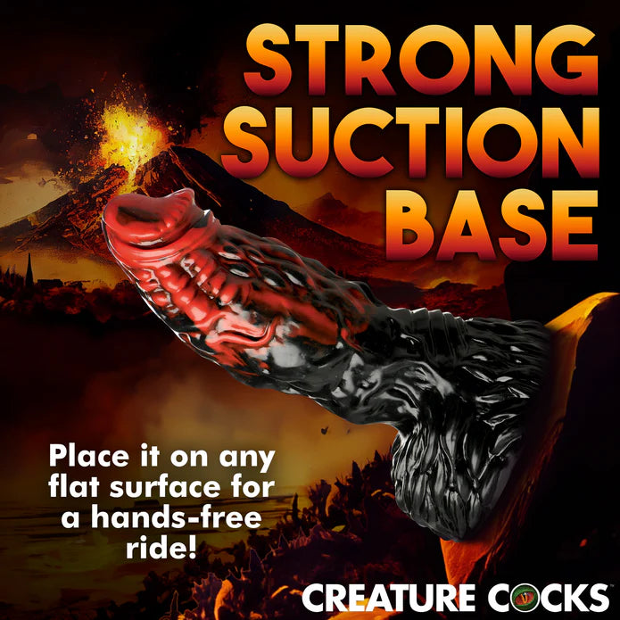 The Creature Cocks Vulcan Rod shown with its base pressed up against a vertical surface. Text on the image reads: "Strong suction base. Place it on any flat surface for a hands-free ride!" | Kinkly Shop