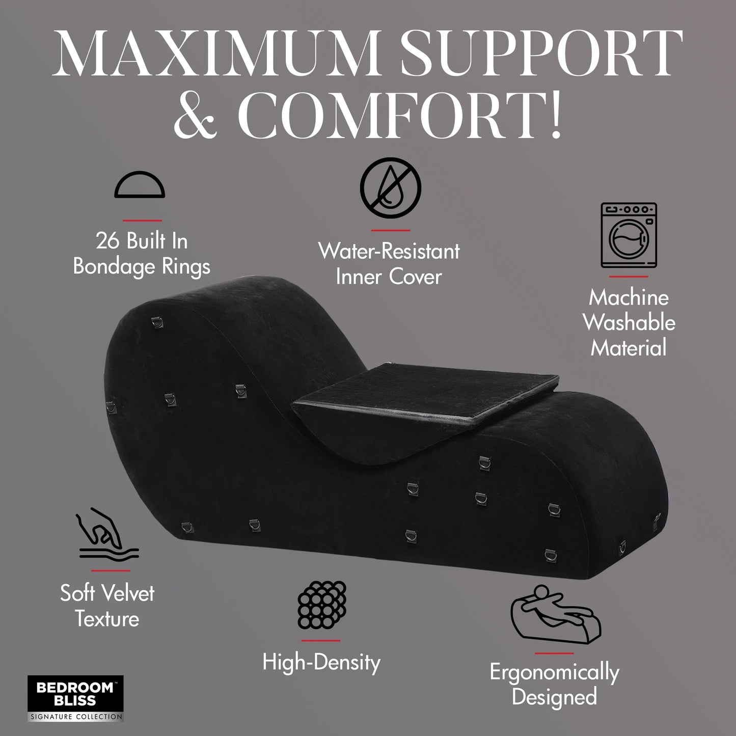 The Bondage-Optional Love Couch in black surrounded by icons and text that showcase some of its features. Text includes: 26 built-in bondage rings, water-resistant inner cover, machine washable material, soft velvet texture, high-density, ergonomically designed. | Kinkly Shop
