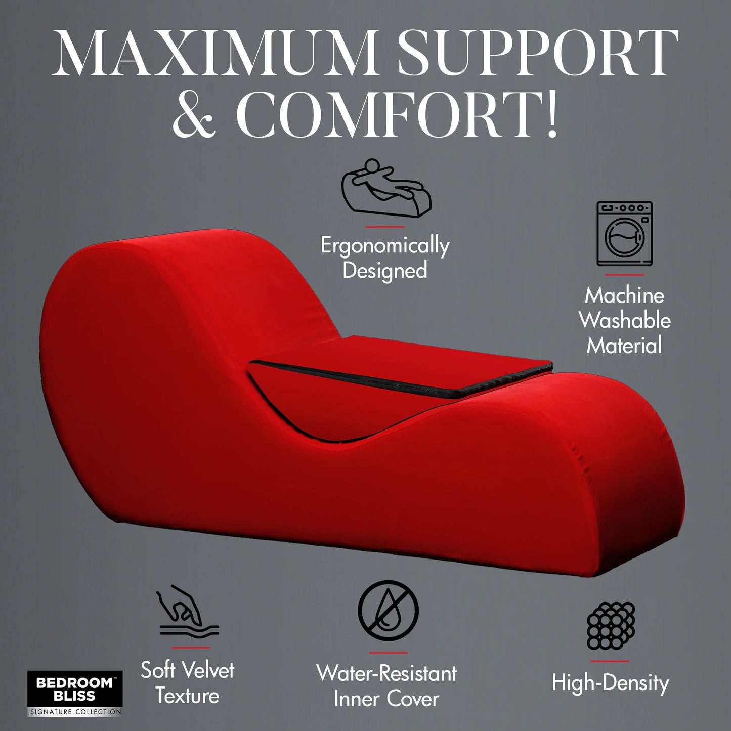 The love couch in red. It does NOT have any bondage. Text on the image reads: Ergonomically designed, machine washable material, soft velvet texture, water resistant inner cover, high-density material. | Kinkly Shop
