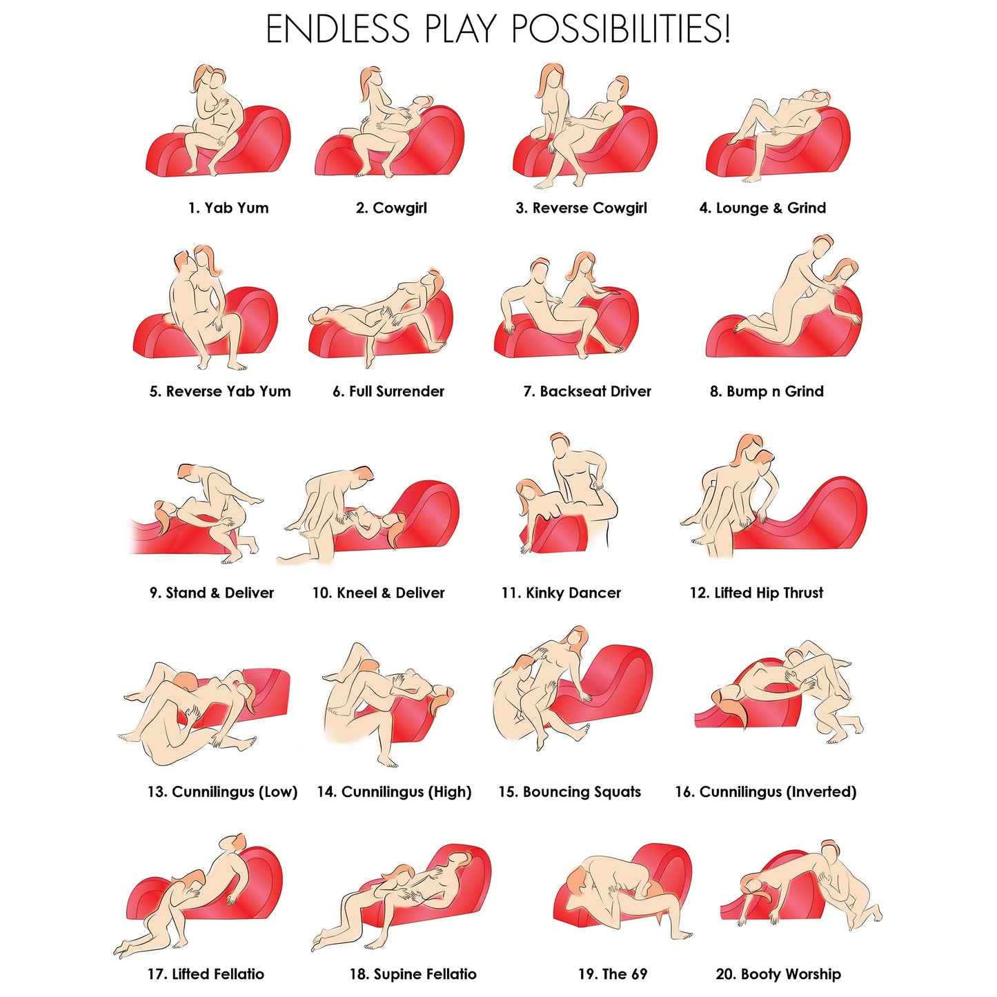 Compilation of 20 different illustrations showcasing different sex positions that can be used with the Bondage-Optional Love Couch | Kinkly Shop