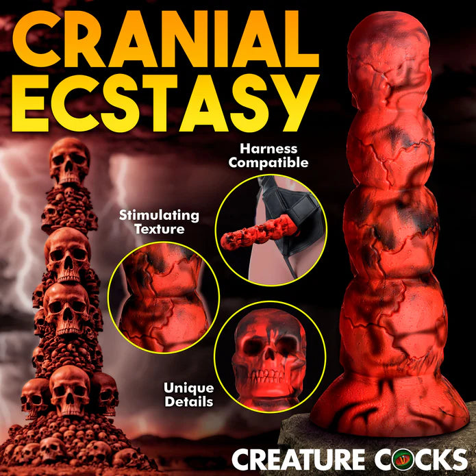 Collage of images showing features of the Creature Cocks Doom. Text reads: Harness compatible, stimulating texture, unique details. | Kinkly Shop
