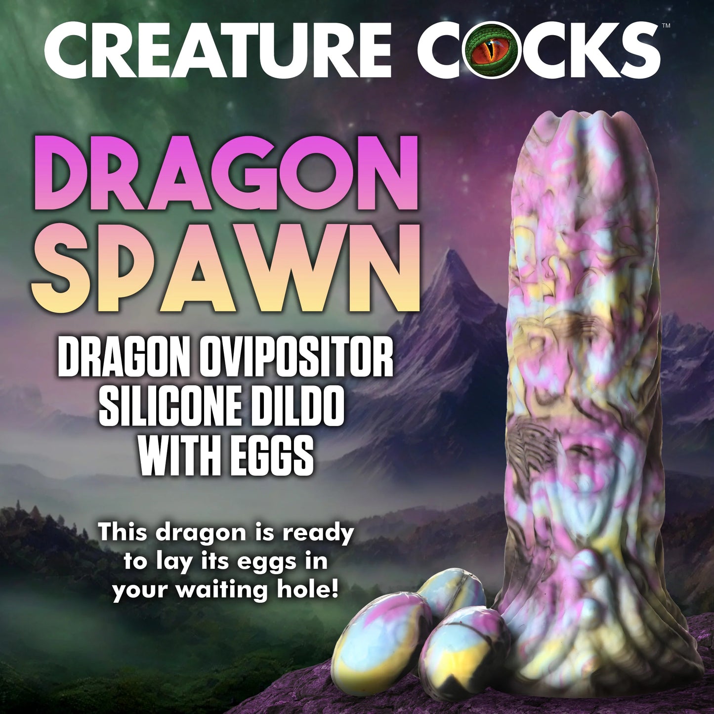 The Creature Cocks Dragon Spawn Ovipositor with Eggs shown in front of a mountainscape. Text reads: Dragon spawn. Dragon ovipositor silicone dildo with eggs. This dragon is ready to lay its eggs in your waiting hole. | Kinkly Shop