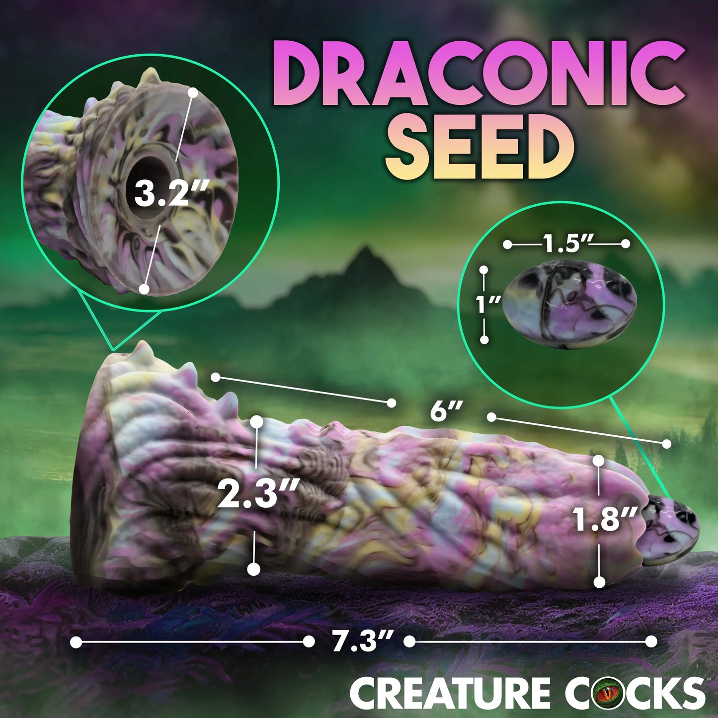 The Creature Cocks Dragon Spawn Ovipositor with Eggs with measurements shown superimposed over the length of the toy. All measurements are included within the product text description. | Kinkly Shop