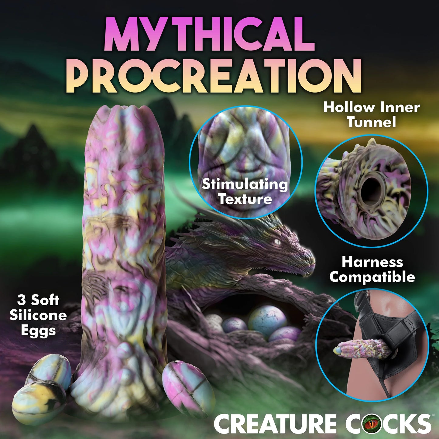 Collage of images showcasing the features of the Creature Cocks Dragon Spawn Ovipositor with Eggs including the stimulating texture, hollow inner tunnel, harness compatibility, and the 3 soft silicone eggs that are included. | Kinkly Shop