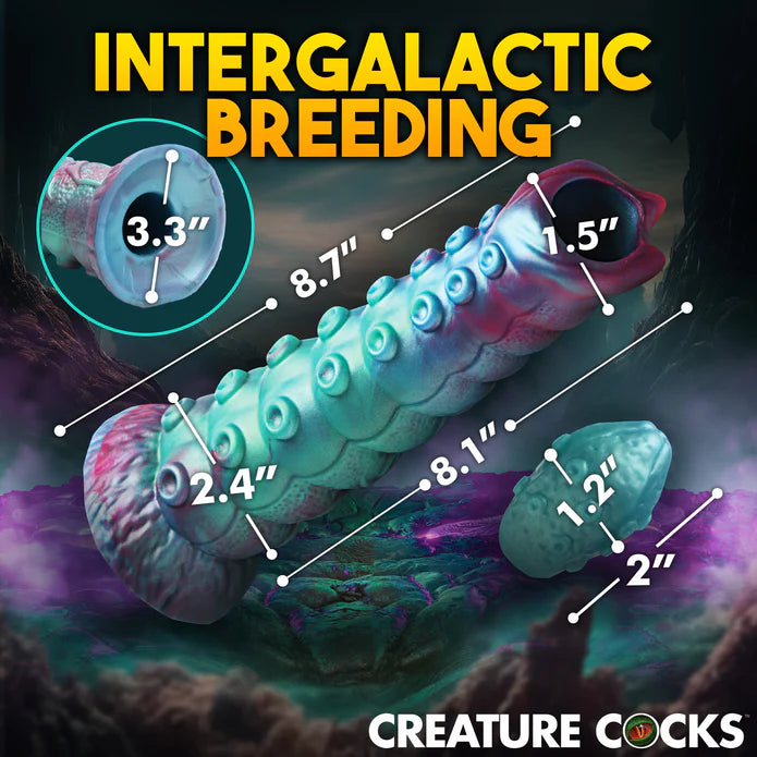 The Creature Cocks Galactic Breeder Ovipositor with measurements superimposed over top of its body. All measurements are included within the product text description. | Kinkly Shop