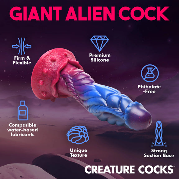 The Creature Cocks Intruder with icons and text surrounding the toy. Text reads: "Firm and flexible, premium silicone, phthalate-free, unique texture, strong suction base, and compatible with water-based lubricants " | Kinkly Shop