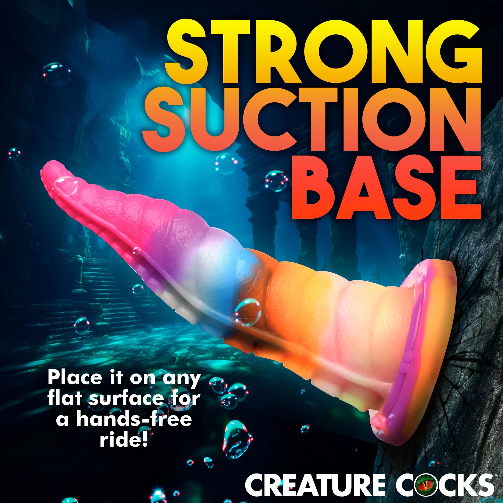 The Creature Cocks Luminoctopus photoshopped to show it sticking to a tree. Text on the image reads: "Strong suction base. Place it on any flat surface for a hands-free ride" | Kinkly Shop