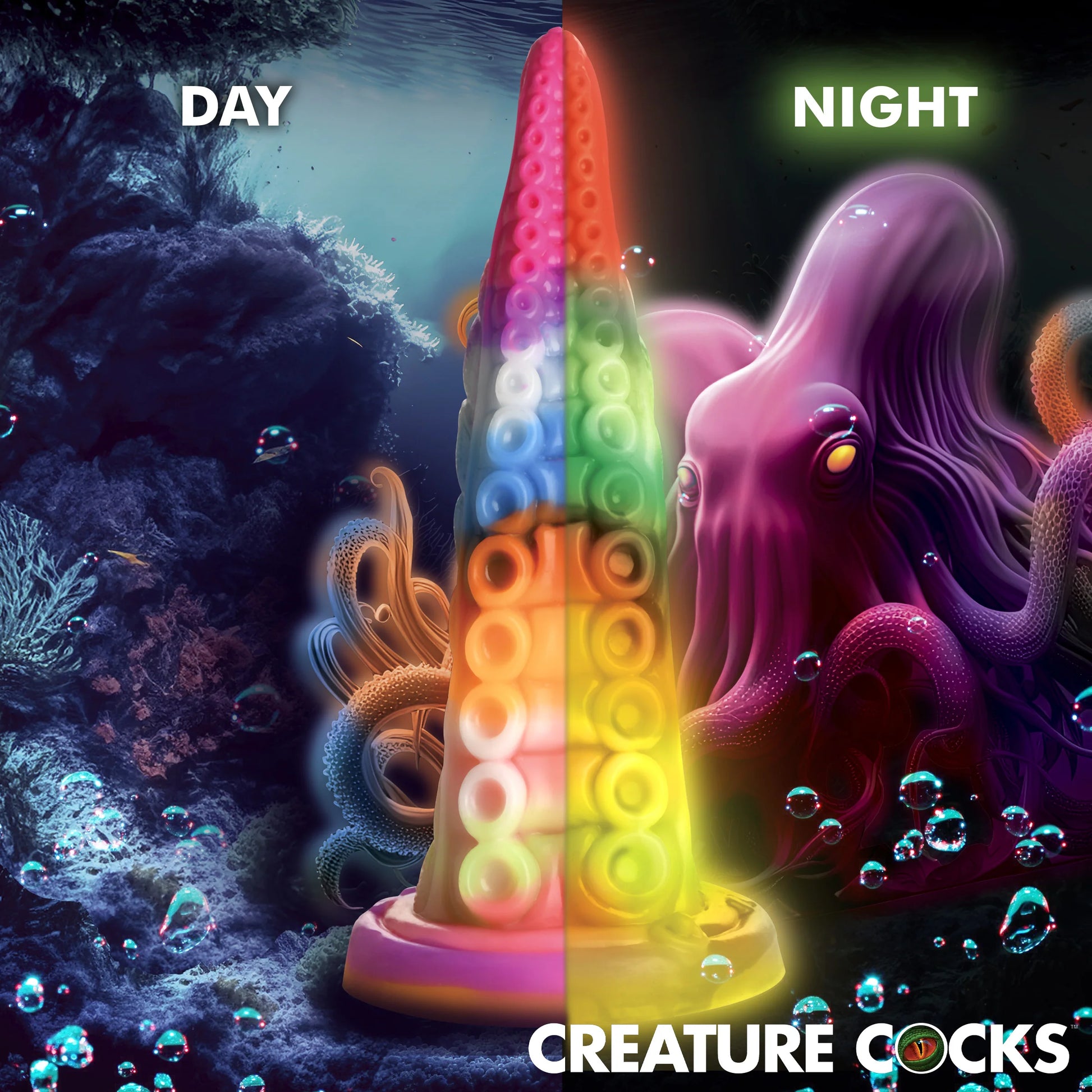 One image of the Creature Cocks Luminoctopus is split down the middle. The left side shows how the dildo looks in daylight with a ton of different colors. The right side shows its glow i the dark functionality with red, green, orange, and yellow colors. | Kinkly Shop