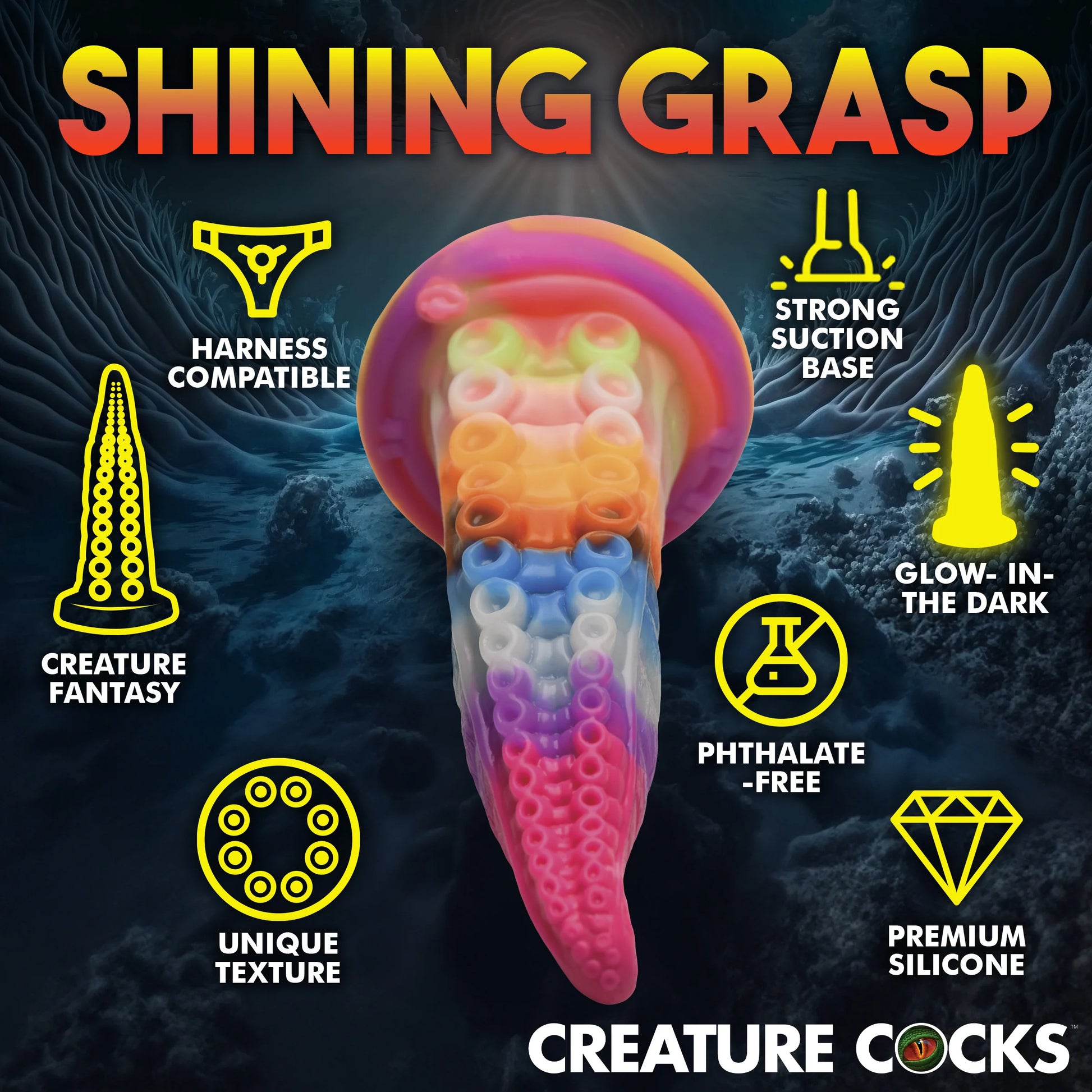 Creature Cocks Luminoctopus with icons and text surrounding it, showcasing the different features. Text includes: "Harness compatible, strong suction base, glow-in-the-dark, phthalate-free, premium silicone, creature fantasy, unique texture" | Kinkly Shop
