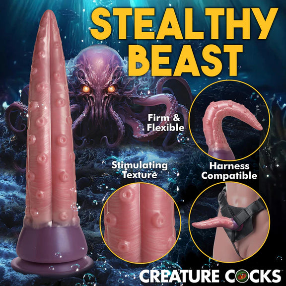 Collage of images showcasing the various features of the Creature Cocks Octoprobe. Text reads: "Stealthy beast. Firm and flexible. Stimulating texture. Harness compatible." | Kinkly Shop