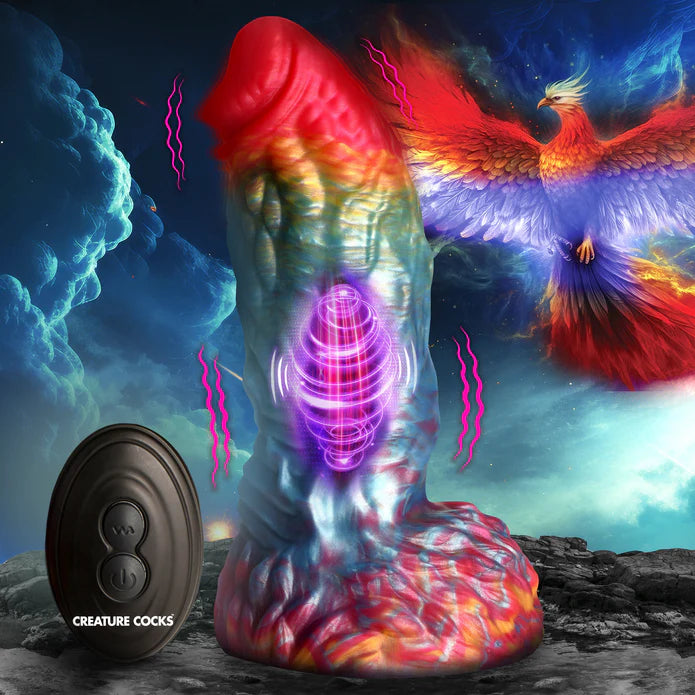 Cross-section of the Creature Cocks Phoenix Vibrating Remote-Control Dildo shows the motor in the middle of the dildo with a veined, textured design throughout every inch of the dildo. | Kinkly Shop