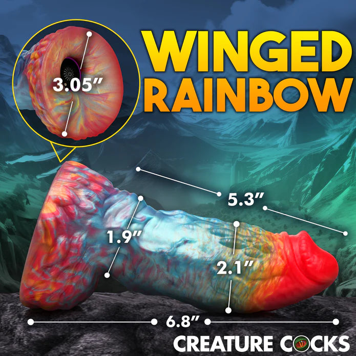 The Creature Cocks Phoenix Vibrating Remote-Control Dildo shown with measurements superimposed over all of its various lengths. All measurements can be found within the product text description. | Kinkly Shop