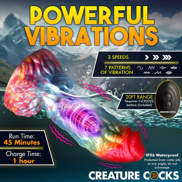 Information-heavy image showing the Creature Cocks Phoenix Vibrating Remote-Control Dildo in the middle. Text on the image reads: Powerful vibrations. 3 vibration speeds. 7 patterns of vibration. 20 foot remote range. Requires 1 CR2032 battery, included. Run Time: 45 minutes. Charge time: 1 hour. IPX6 waterproof. Do not submerge." | Kinkly Shop