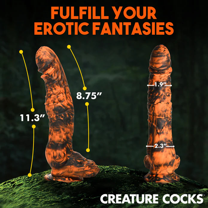 The Creature Cocks Sabertooth with measurements superimposed overtop of its length. All measurements can be found within the product text description. | Kinkly Shop