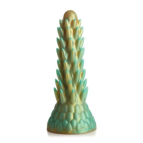 The Creative Cocks Stegosaurus in front of a plain white background. The dildo is a green/yellow blend of color with a lot of "spikes" protruding from the entire length of the Creative Cocks Stegosaurus | Kinkly Shop