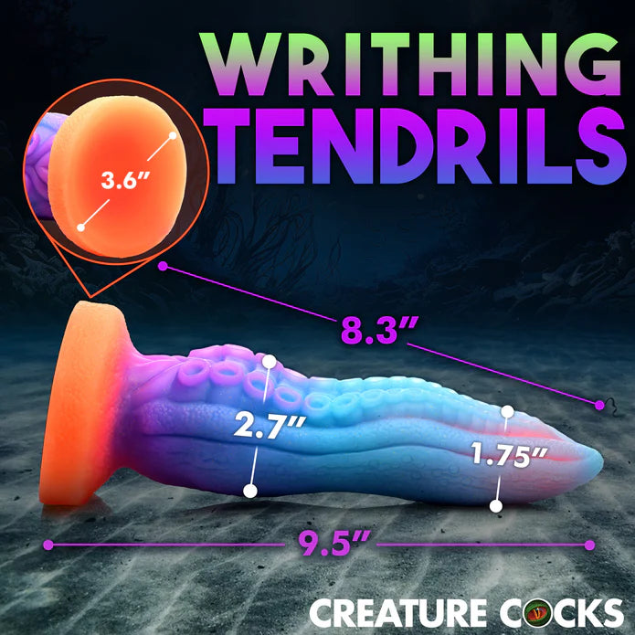 Side view of the Creature Cocks Tenta-Cock. Measurements are written overtop of the dildo. All measurements can be read within the product text description. | Kinkly Shop