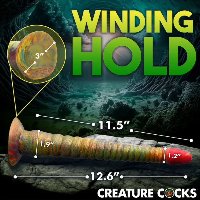 The Creature Cocks Tenta-Dick with measurements superimposed overtop of the dildo. All measurements can be found within the text product description. | Kinkly Shop