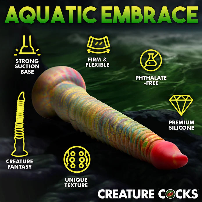 The Creature Cocks Tenta-Dick shown next to a text list and icons of its features. Text reads: Strong suction base, firm and flexible, phthalate free, premium silicone, creature fantasy, unique texture | Kinkly Shop