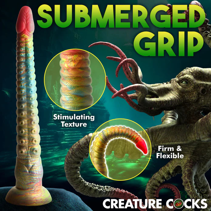 Collage of images showcasing the various features of the Creature Cocks Tenta-Dick. Text on the image reads: "Stimulating texture and firm and flexible" | Kinkly Shop