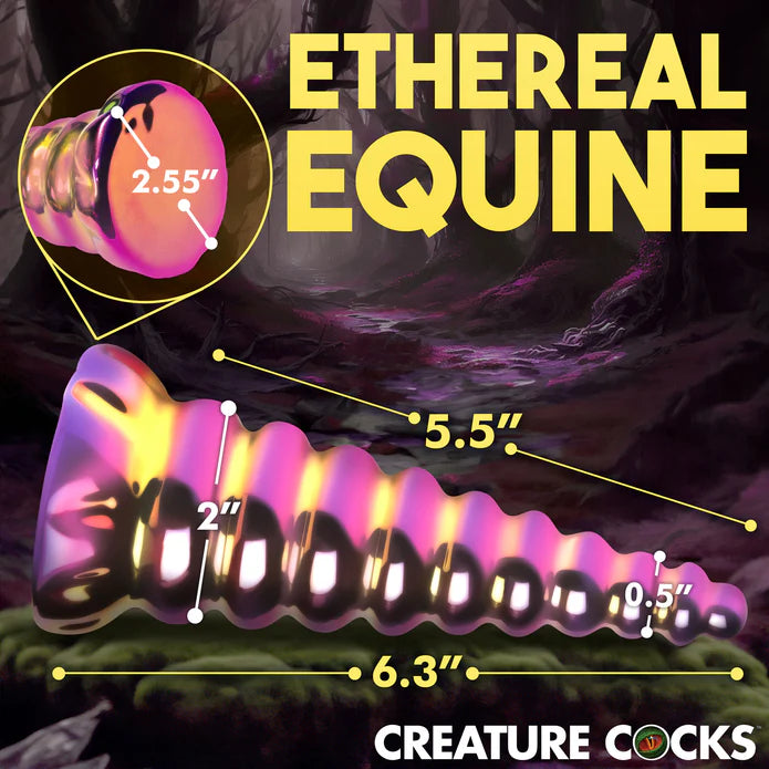 The Creature Cocks Twilight with measurements shown overtop of the dildo. The dildo is 6.3" in total length with an insertable length of 5.5". The diameter starts at 0.5" and goes to a diameter of 2" | Kinkly