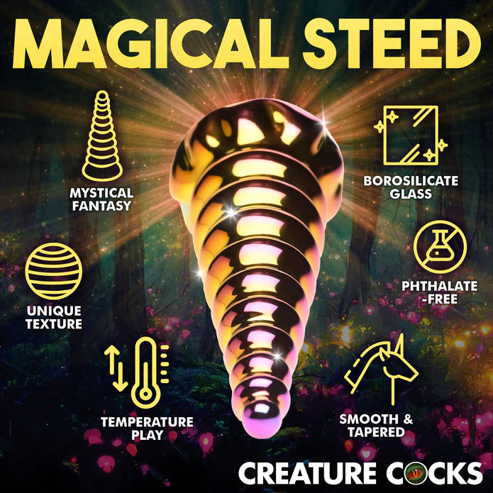 The Creature Cocks Twilight shown surrounded by an icon and text of list of features. Text reads: Mystical fantasy, unique texture, temperature play, boroscilicate glass, phthalate-free, smooth and tapered. | Kinkly