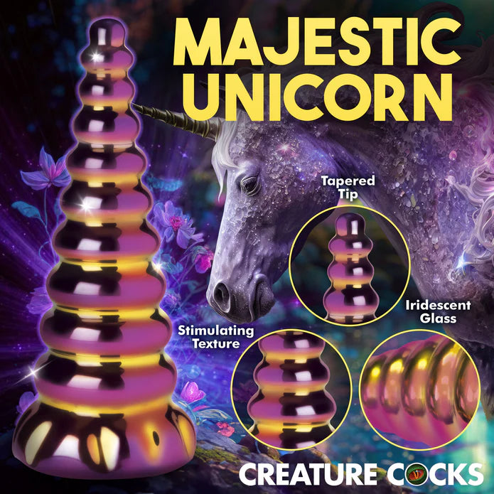 The Creature Cocks Twilight shown with its features in images. Features include the tapered tip, the stimulating texture, and the iridescent glass design. | Kinkly