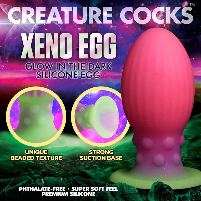 Collage of images showcasing the features of the Creature Cocks XL Xeno Egg. Text on the image reads: "Xeno egg. Glow in the dark silicone egg. Unique beaded texture. Strong suction base. Phthalate-free. Super soft feel. Premium silicone." | Kinkly Shop