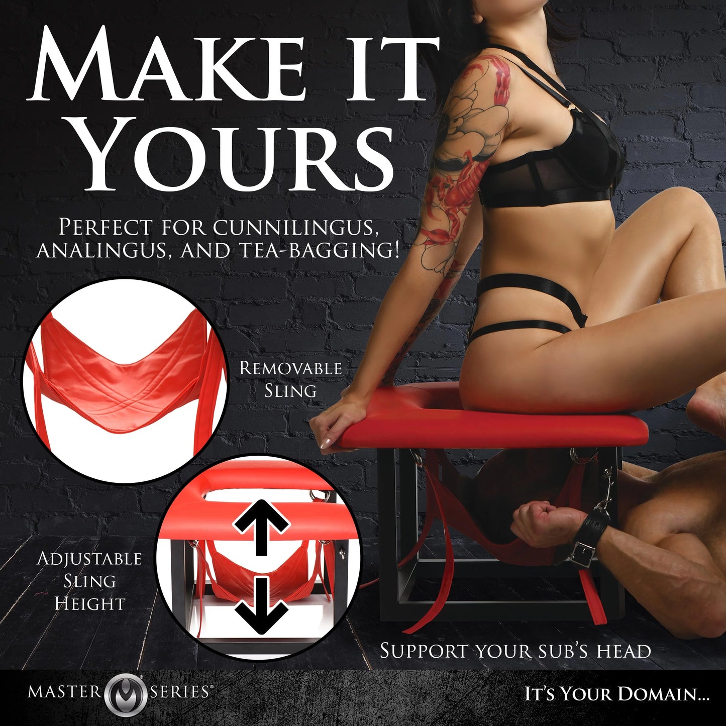 A person sits on the Master Series Face Rider Queening Chair while someone lays underneath. Text on the image reads: Make it yours. Perfect for oral sex, rimming, or tea-bagging. Removable sling. Adjustable sling height. Support your sub's head. | Kinkly Shop