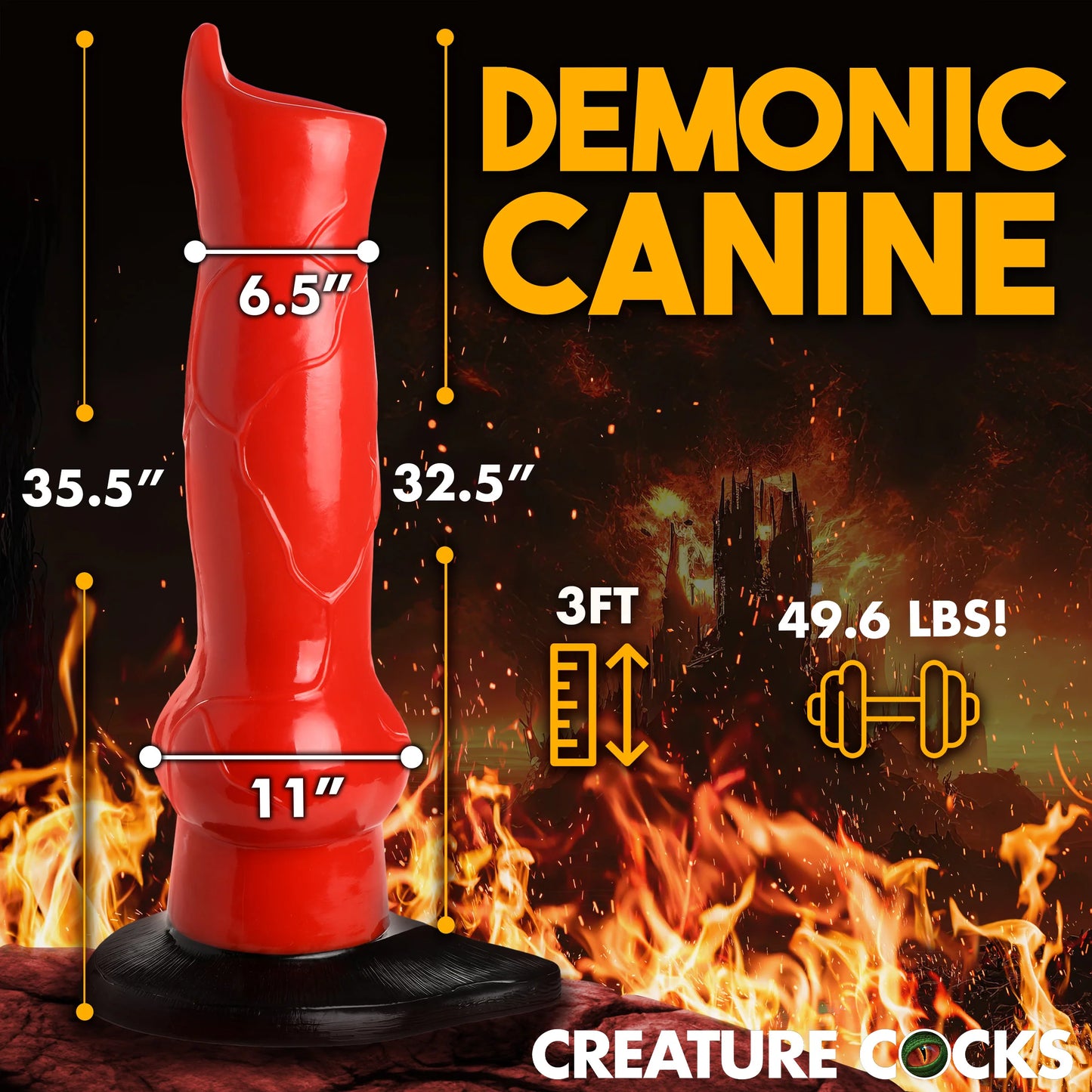 Measurements for the Giant Hell-Hound Canine Dildo. All measurements are included within the product text description. | Kinkly Shop