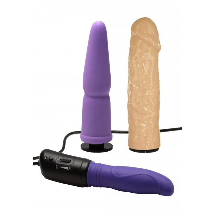 The three dildo attachments that come with the Maestro Multi-Faceted Sex Machine. There are two purple silicone non-realistic ones and a third realistic-looking dildo that's extra-veiny. | Kinkly Shop