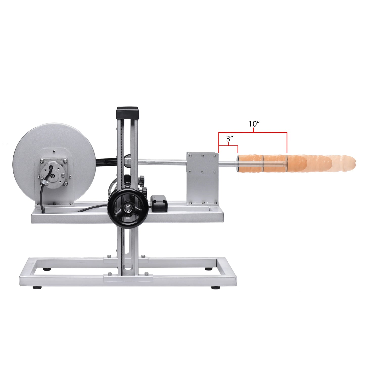 The Maestro Multi-Faceted Sex Machine with thrust measurements written on top of the image. It can adjust from 3" to 10" away from the base of the sex machine. | Kinkly Shop