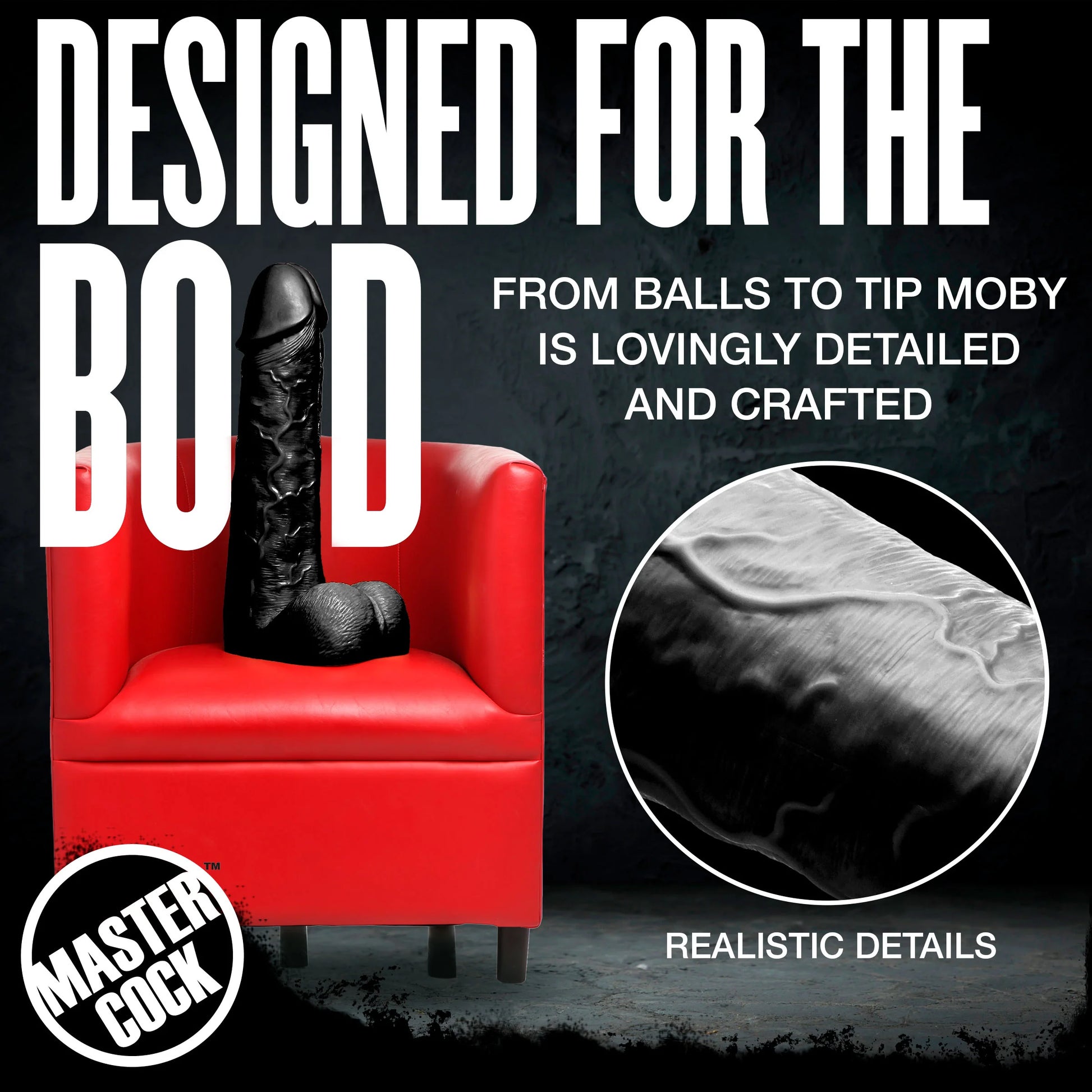 The Moby 2 Foot Tall Super Dildo sits upright on a red chair. Text on the image reads: "Designed for the bold. From balls to tip, Moby is lovingly detailed and crafted. Realistic designs for a Master Cock." | Kinkly Shop