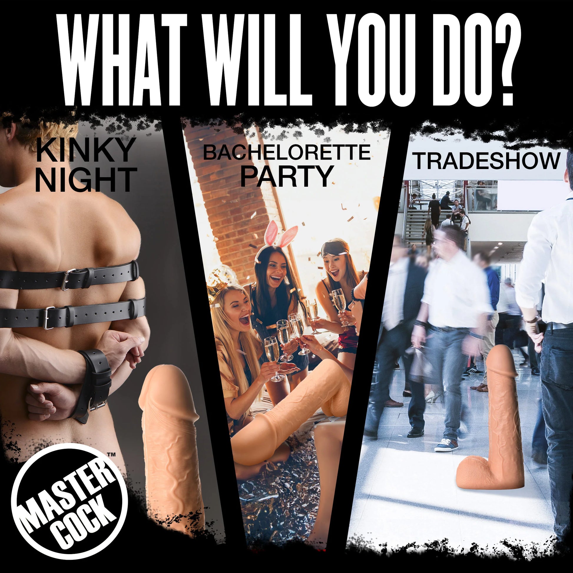 Collage of images shows different ways the Moby 2 Foot Tall Super Dildo could be used including a kinky night, a bachlorette party, and a tradeshow. | Kinkly Shop