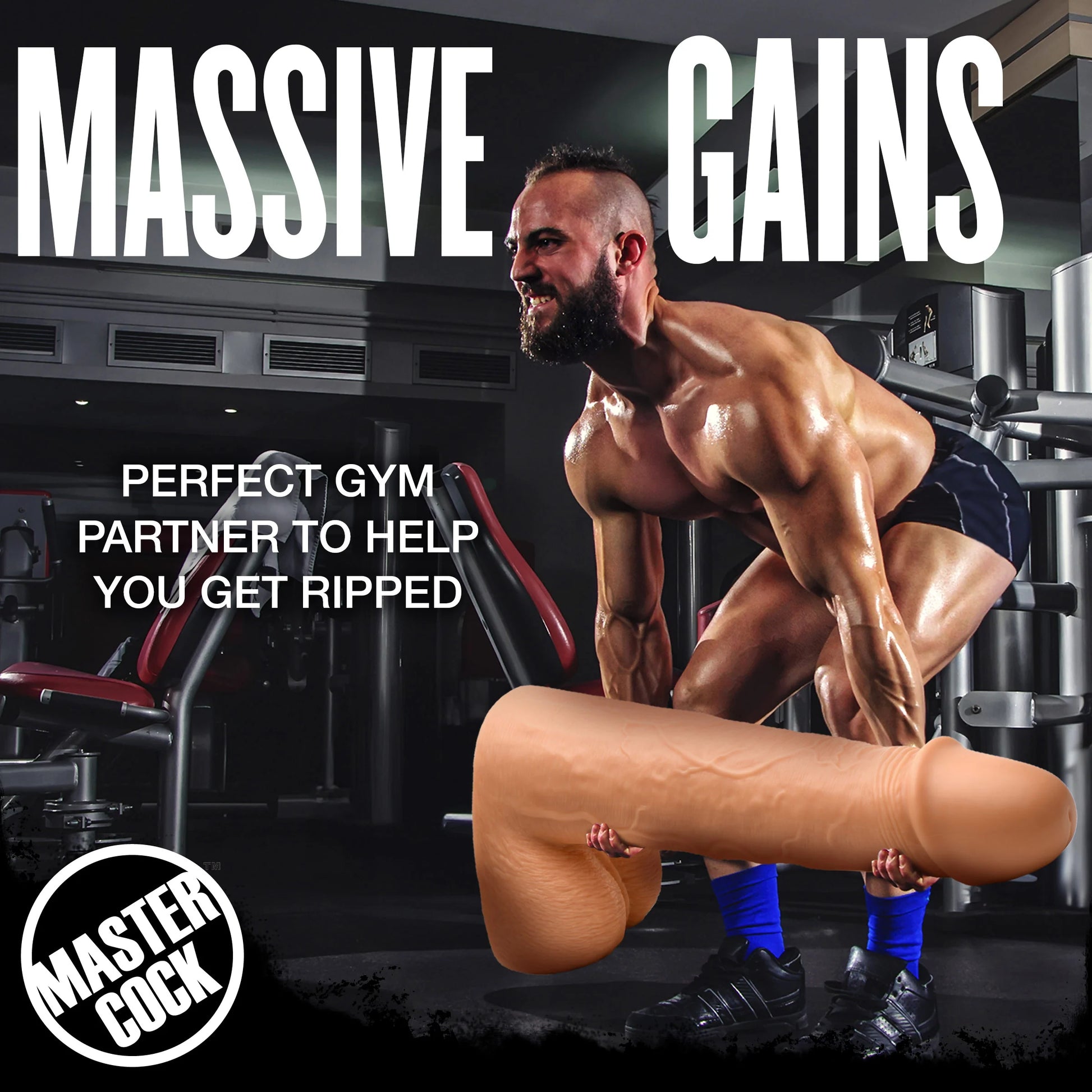 A shirtless, sweaty person is lifting the Moby 2 Foot Tall Super Dildo in a gym. Text reads: "Massive gains. Perfect gym partner to help you get ripped." | Kinkly Shop