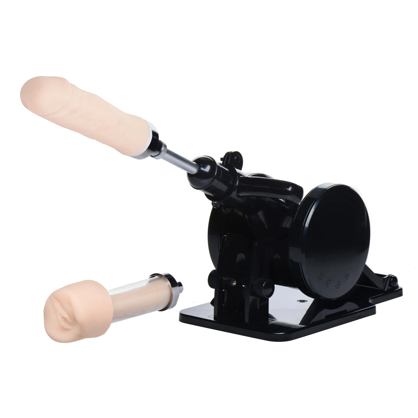 The Robo FUK Sex Machine with a dildo attached to the machine. The penis stroker attachment is shown next to it. | Kinkly Shop