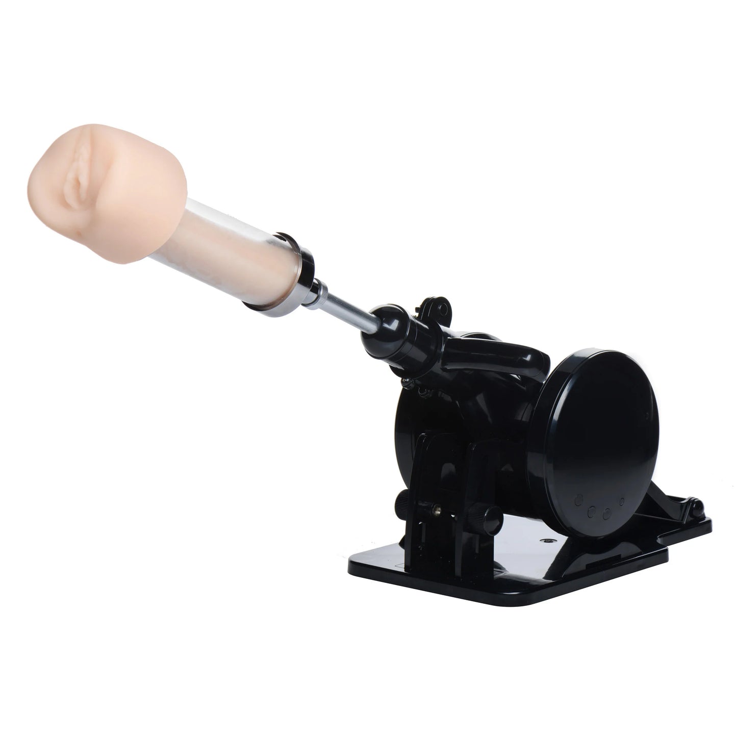 The Robo FUK Sex Machine shown with a penis stroker sex toy attached to the end of it. This would push the stroker onto a penis. | Kinkly Shop