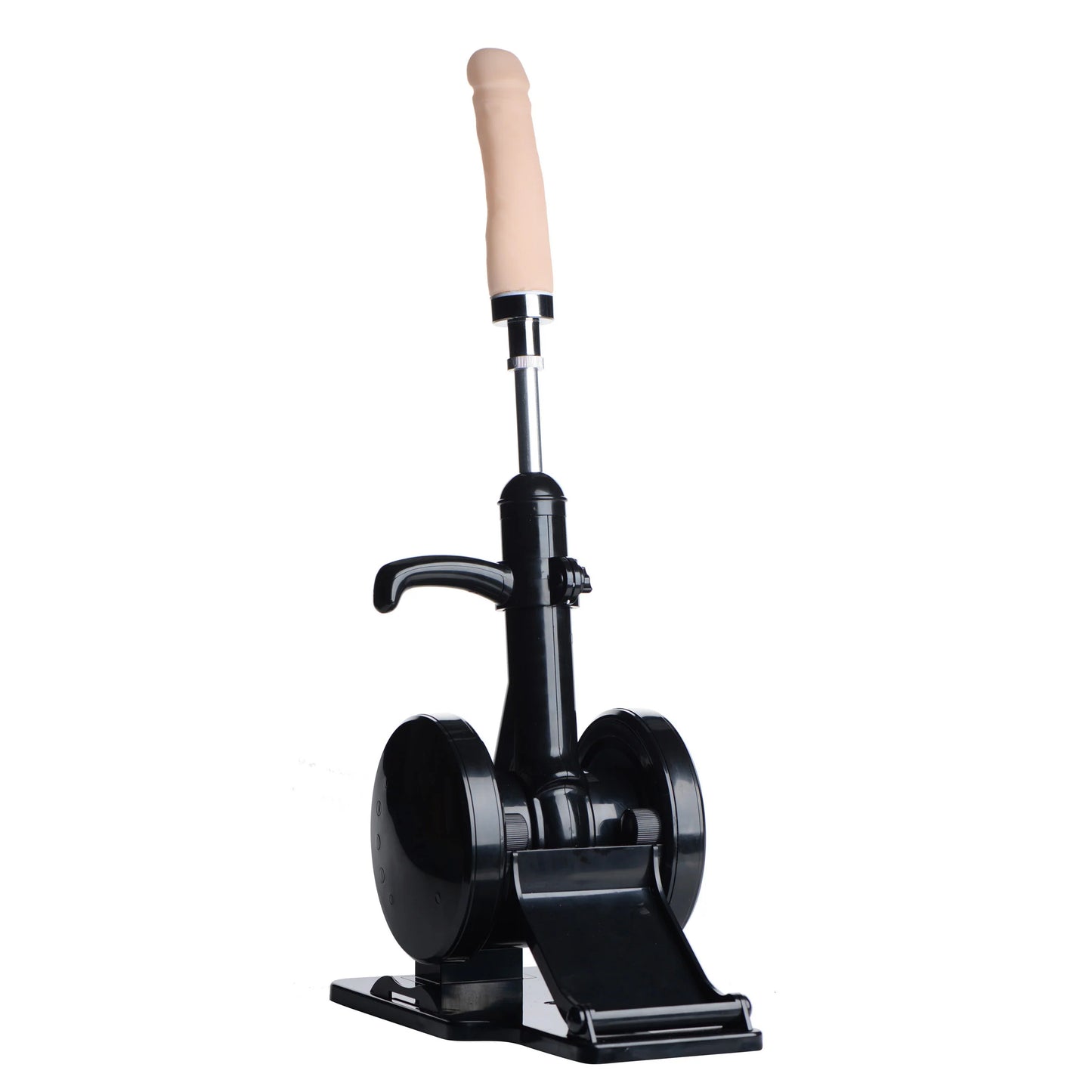 The Robo FUK Sex Machine pointing nearly straight-up to the ceiling. The sex machine has an easy-grip handle that could make it easier for adjustments. | Kinkly Shop