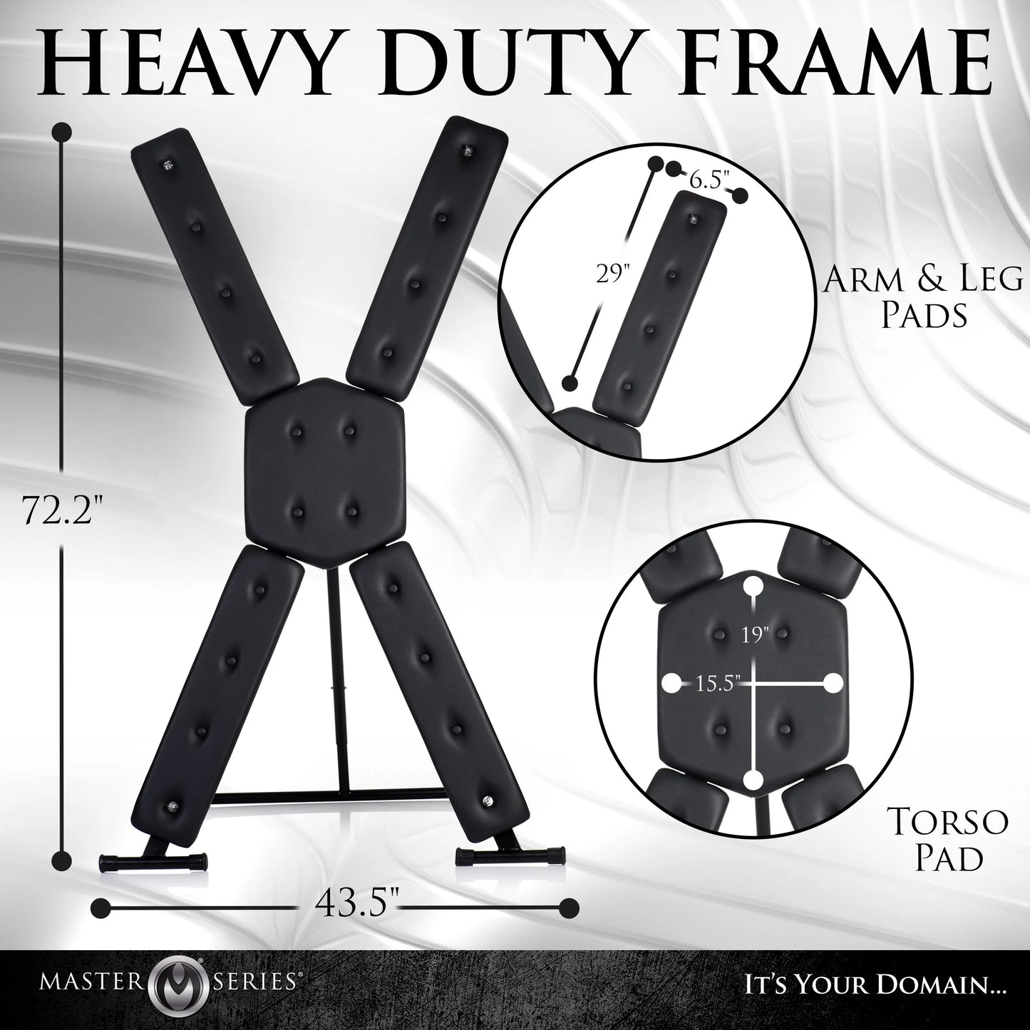 The Deluxe St. Andrew's Cross with measurements superimposed over all of its various lengths. All measurements are included within the product text description. | kinkly Shop