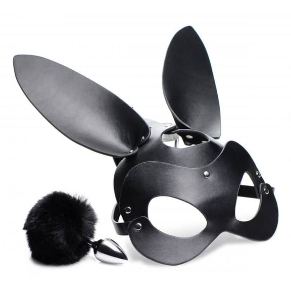 The Tailz Bunny Pet Play Kit up against a white background. It includes a bunny face mask with a small bunny butt plug tail. | Kinkly Shop