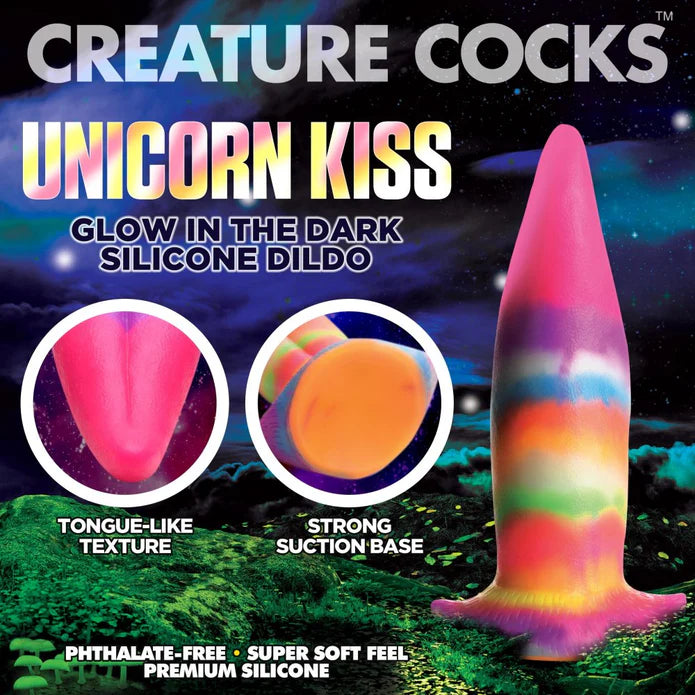 Collage of images showcases the features of the Creature Cocks Unicorn Kiss including its tongue-like texture, strong suction base, phthalate-free material, super soft feel, premium silicone, and glow-in-the-dark design. | Kinkly Shop