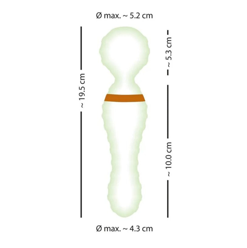 The You2Toys Glow-in-the-Dark Wand Vibrator shown with measurements superimposed over the wand massager's size. All product measurements are included within the product description. | Kinkly Shop