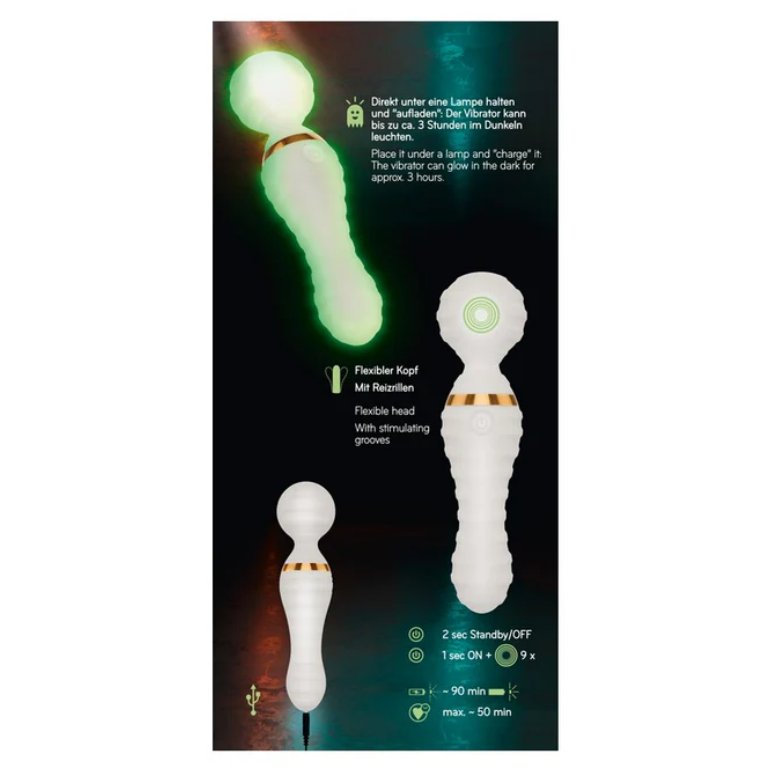 Backside of the You2Toys Glow-in-the-Dark Wand Vibrator packaging | Kinkly Shop