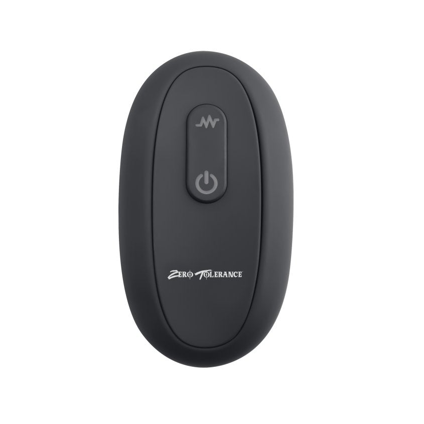 Close-up of the remote control for the Evolved Big Shaft Extender. It's oval-shaped and black. It has two buttons. One button controls the vibration modes while the other button is a dedicated on/off button. | Kinkly Shop