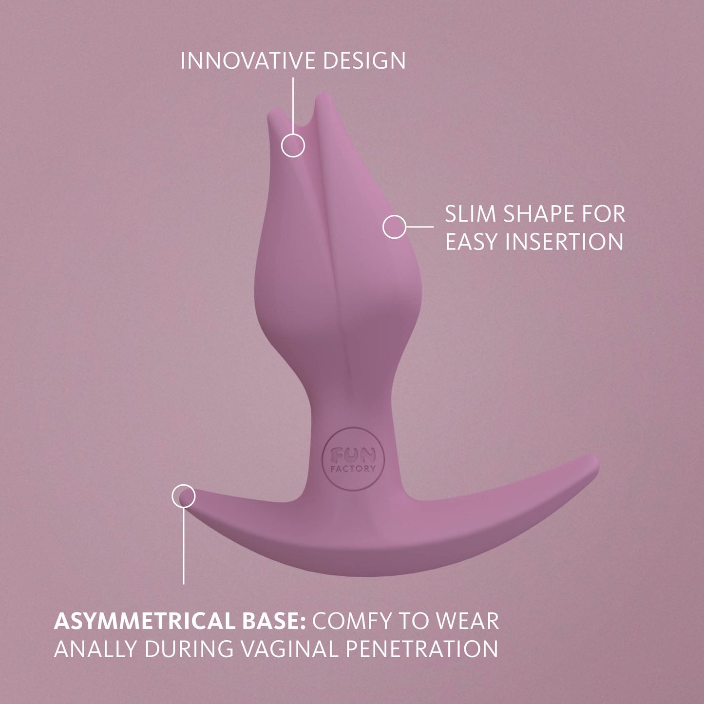 Fun Factory Bootie Fem with text describing the various features superimposed over the toy's design. The text reads: "Innovative Design. Slim shape for easy insertion. Asymmetrical base: Comfy to wear anally during vaginal penetration." | Kinkly Shop