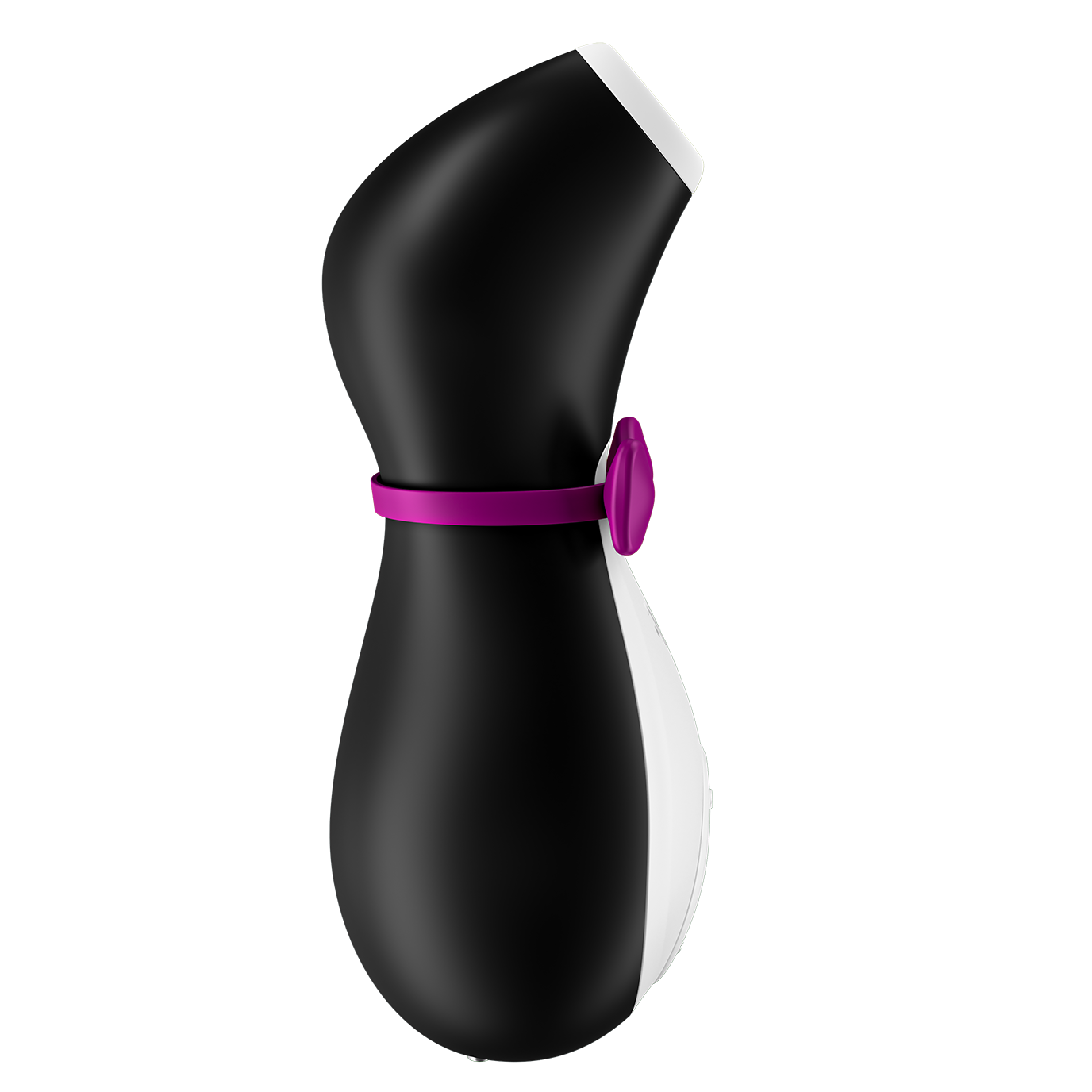 Side profile of the Satifyer Pro Penguin. this angle showcases the widest, easy-grip base in addition to the "bowtie" that wraps around the narrowest part of the handle. | Kinkly Shop