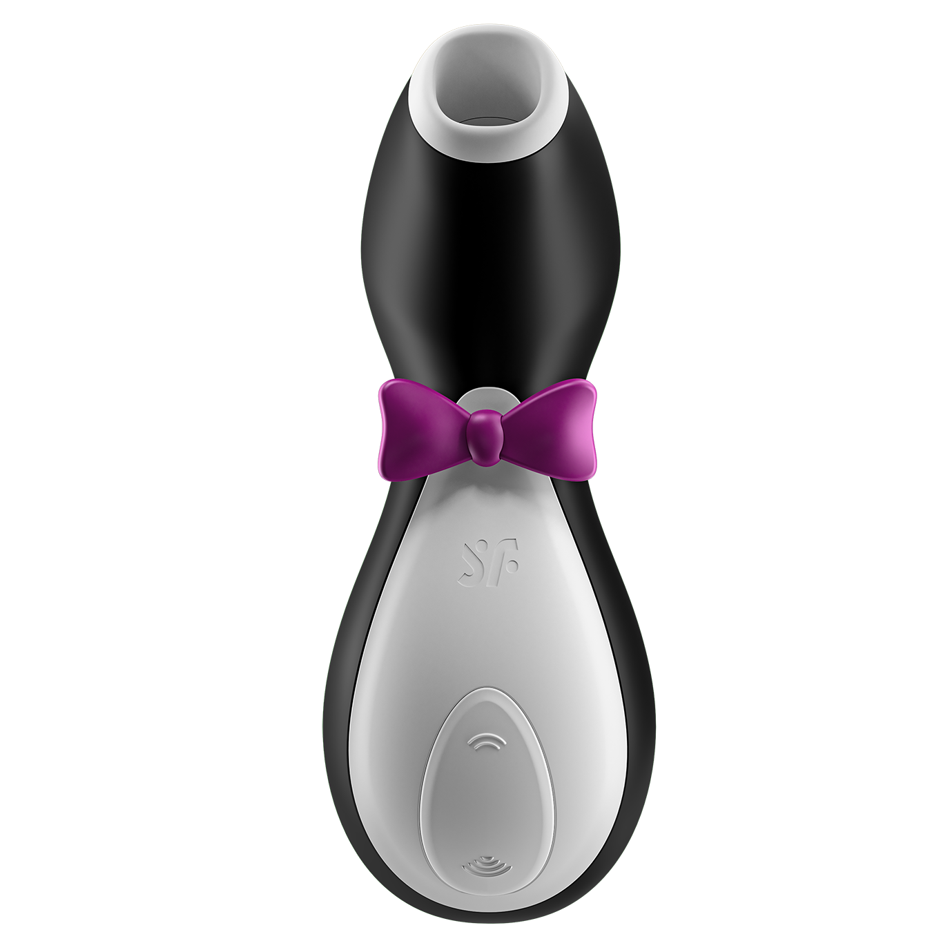 Front view of the Satifyer Pro Penguin. There is a rocker button near the base that has the two buttons to control the vibrator. There's a "bowtie" near the middle of the vibe. The wide, open, hollow at the tip. | Kinkly Shop