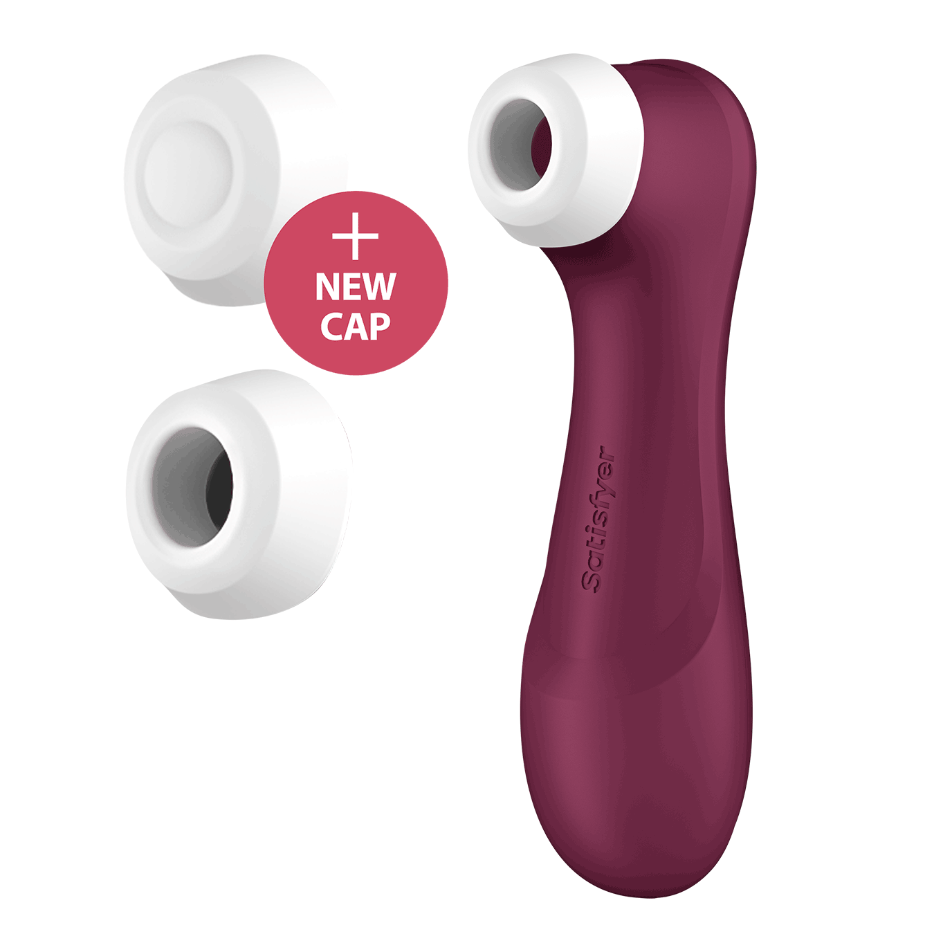 The Satisfyer Pro 2 - Generation 3 up against a white background. Next to it, two caps are displayed including a "sealed" additional tip that serves as a cover for the air suction hole. | Kinkly Shop