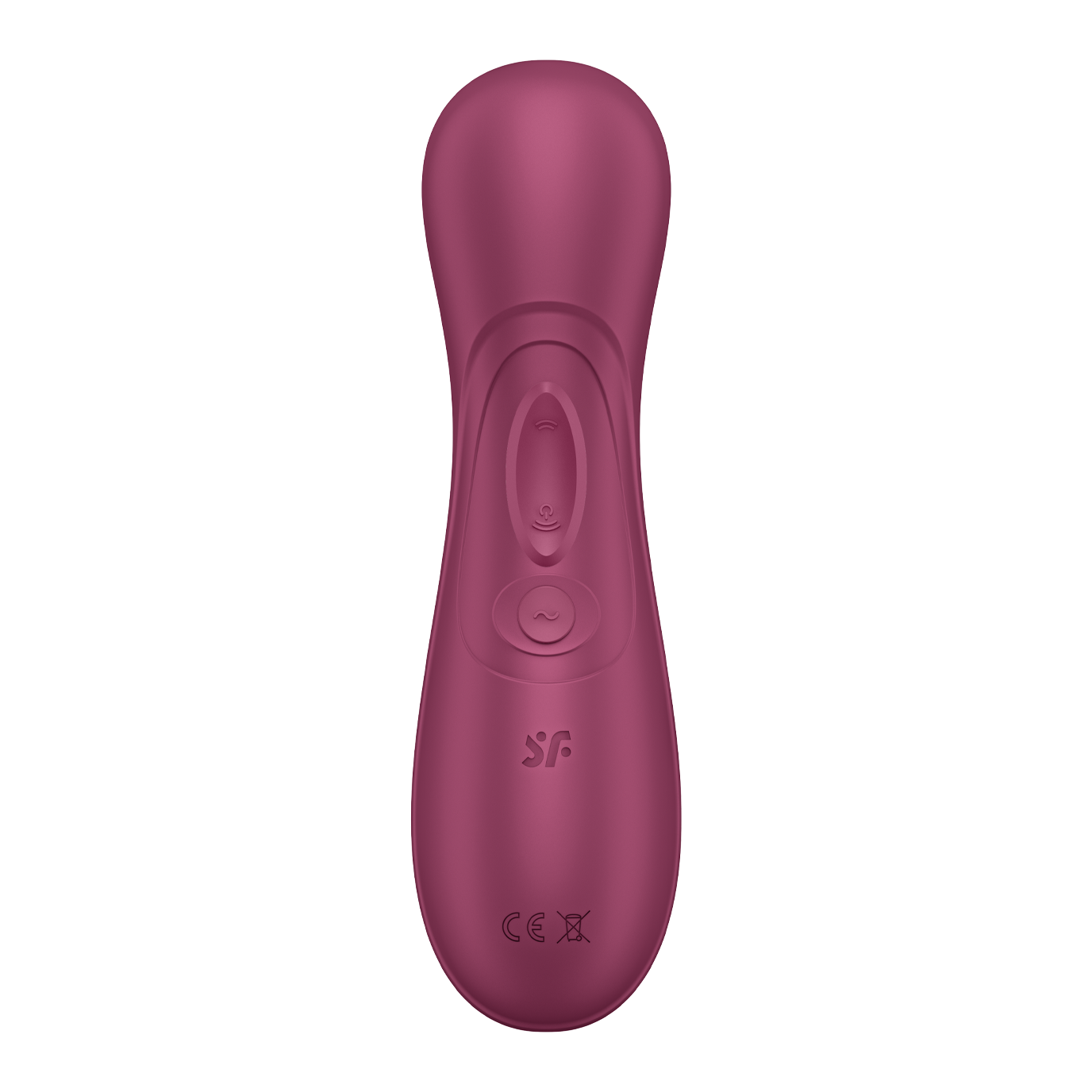 A view from the back and purely showcases the handle. The three buttons can be easily seen from this view as well as the Satisfyer logo etched into the plastic of the toy. | Kinkly Shop