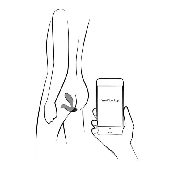 Illustration shows the We-Vibe Vector+ inside of someone's butt while a second person holds a cell phone to control the vibrations of the We-Vibe Vector+ | Kinkly Shop