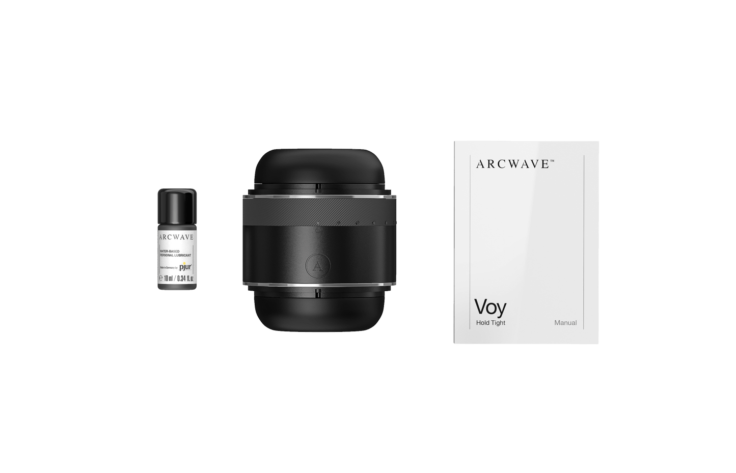 Everything that's included with the Arcwave Voy including a sample-size of lube, the Voy itself, and the instruction manual. | Kinkly Shop
